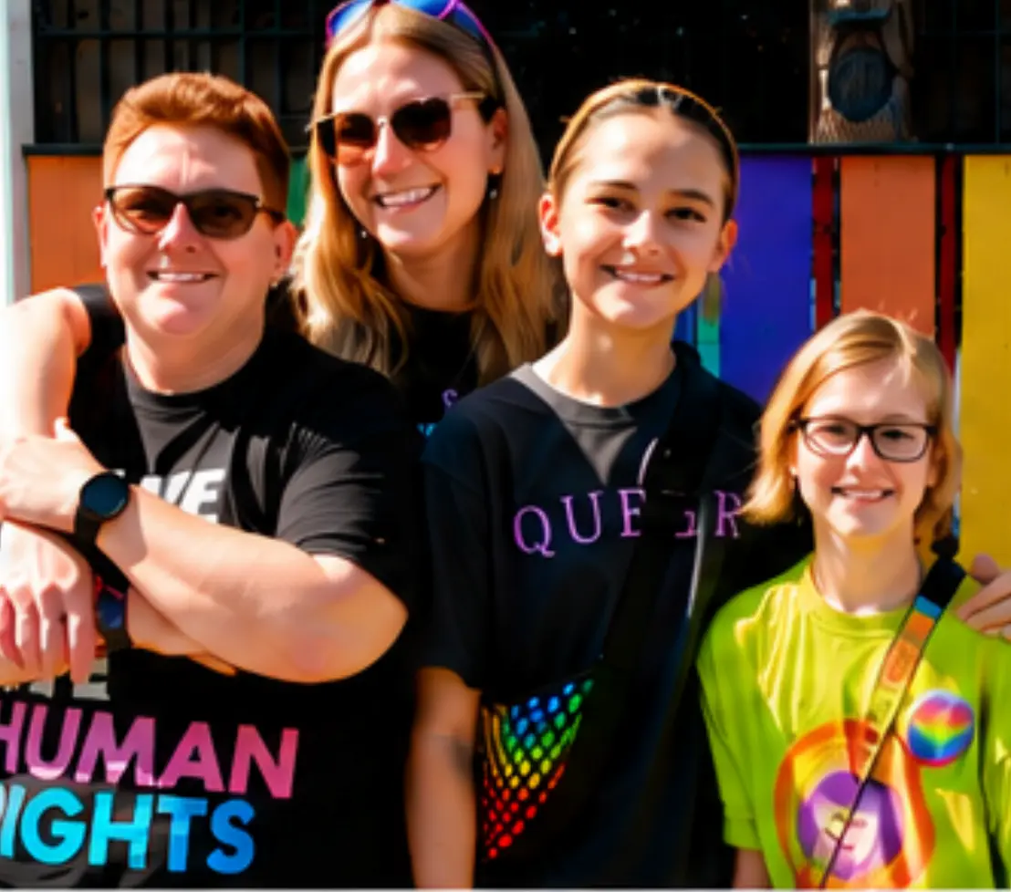 Two adults and two young people smiling together in front of a rainbow-painted wall during an event organized by the San Joaquin Pride Center